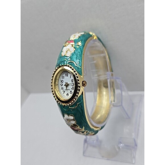 Floral Cloisonne Style Hinged Bangle Watch Green Enamel Gold Tone New Battery - Picture 2 of 12